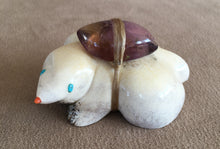 Load image into Gallery viewer, A shrew carved of Elk antler. The eyes are of sleeping beauty turquoise and a coral nose. A rose tourmaline is the offering in the bundle. 